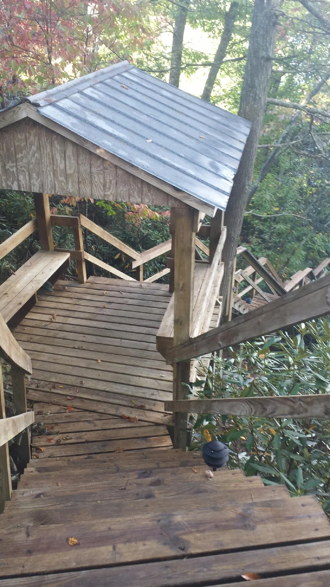 Metal roofed shelter over wooden steps on a wooded walkway — Skylight Repair & Installation work by our crew in Green Camp